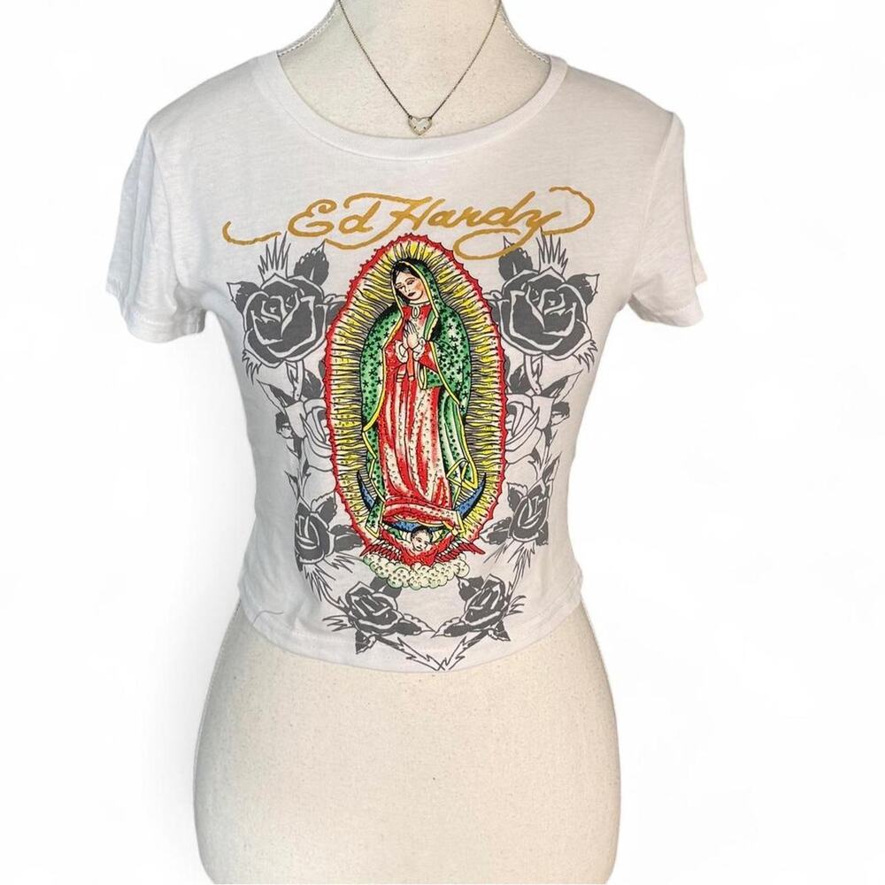 Y2K Ed Hardy Baby tee with Mcbling detail Virgin Mary detail size small